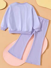 Blippi X SHEIN 2pcs/Set Young Girl Cute Cartoon & Letter Graphic Round Neck Drop Shoulder Long Sleeve Sweatshirt And Flare Pants Knit Casual Outfit, Light Purple - Purple - View 2