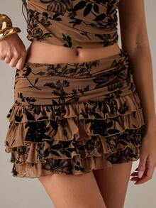 SHEIN BAE Váy mini xếp nếp họa tiết hoa lưới màu nâu thời trang gợi cảm và dễ thương cho mùa thu đông (có quần váy liền thân), Y2K đi chơi mùa thu đông cho phụ nữ câu lạc bộ Gothic cho phụ nữ gợi cảm, mùa đông cho phụ nữ, giáng sinh cho phụ nữ, năm mới, lễ tạ ơn cho phụ nữ - màu nâu - Xem 8