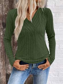 SHEIN LUNE LUNE V领拉绒罗纹女上衣，跨境电商秋冬新品 - 綠色 - 查看 4