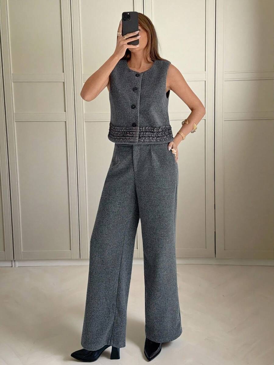 Siren Gaze 女士单排扣马甲裤套装，秋冬款 - 灰色 - 查看 1