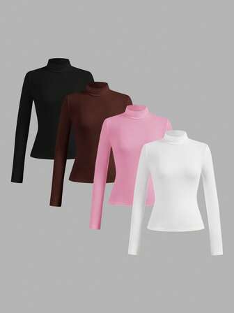 SHEIN Essnce 4 st/set Casual Enfärgad Mångsidig Lag-på-lager Slim Fit Polotröja För Dam, Höst/Vinter