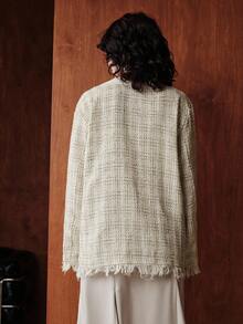 Uhlyne Chaqueta vintage de punto texturizado con cuello en V y flecos, de colores mixtos, para otoño/invierno