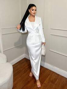 SHEIN SXY White Blazer & Skirt Elegant Suit Set, White 2 Piece Set, Elegant 2 Piece Set, Modest Two Piece Set, Tall Two Piece Set,Fall ,Winter,White ,Business Casual Outfits Women, 2 Piece Sets Woman Classy, Blazer Skirt Set, 2 Piece Dress Set - White - View 6