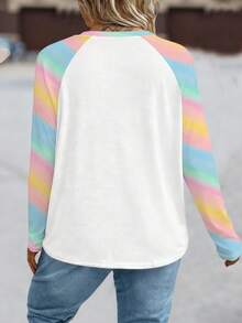 EMERY ROSE Casual Colorful Christmas Tree Print Round Neck T-Shirt Women, Long Sleeve Pullover Top - Multicolor - View 2