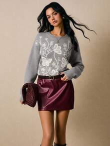 Poéselle Women's Floral Embroidery Round Neck Drop Shoulder Long Sleeve Fashion Sweater In Fall/Winter