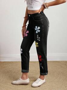 EMERY ROSE Plus Size Women Floral Embroidery Pocket Skinny Casual Jeans - Black - View 4