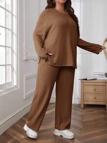 SHEIN Essnce Plus Size Solid Color Round Neck Drop Shoulder Long Sleeve Ribbed Loose 2 Pieces Set/Winter - Ginger - View 5