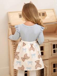 SHEIN Baby Girl Bear & Bow Print Patchwork 2 In 1 Dress - Blue - View 2