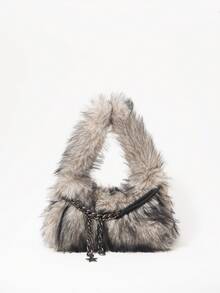 ROMWE Grunge Punk 2000s Style Women Shoulder Bags,Punk  Rivet Biker Bags,Fur Purse ,Autumn & Winter Wallets, Hobo Handbag(Random Pattern) , Goth - Black apricot - View 9