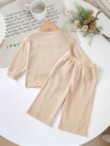 SHEIN 2 件 Babygirl 休闲针织卡其色长袖上衣和松紧腰裤套装，秋冬 - 杏色 - 查看 2
