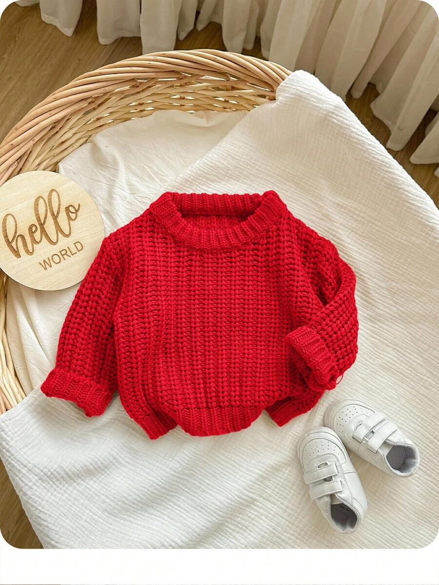 SHEIN Babygirl 可爱纯色休闲套头毛衣,百搭秋冬 - 紅色 - 查看 1