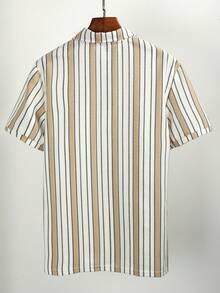 Manfinity Homme Men's Black And White Striped Polo Shirt,Geometric Pattern Vintage Summer Button Up Short Sleeve Casual Golf Top For Back-To-School - Apricot - View 2