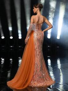 Glamrae Elegante, lujoso, con cuentas, con mangas florales con lentejuelas, con flecos, falda de sirena con abertura lateral y drapeado lateral, adecuado para bodas, fiestas, vacaciones, galas, vestidos de noche (muy adornado) - Naranja Quemada - Ver 3