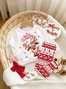 SHEIN Happikins Baby Girl Christmas Reindeer Snowflake Fair Isle Sweatshirt&Leggings Set,Beige,Autumn,Funny Graphic,Matching Family Vintage Warm Outfit - Multicolor - View 3
