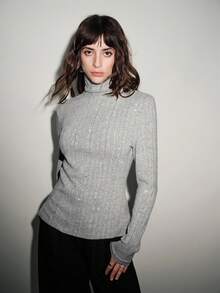 Lumivelle Women's Solid Color Turtleneck Ribbed Fleece Pullover Top, Suitable For Autumn Grey Top  Sparkly Top, Christmas - Grey - View 4