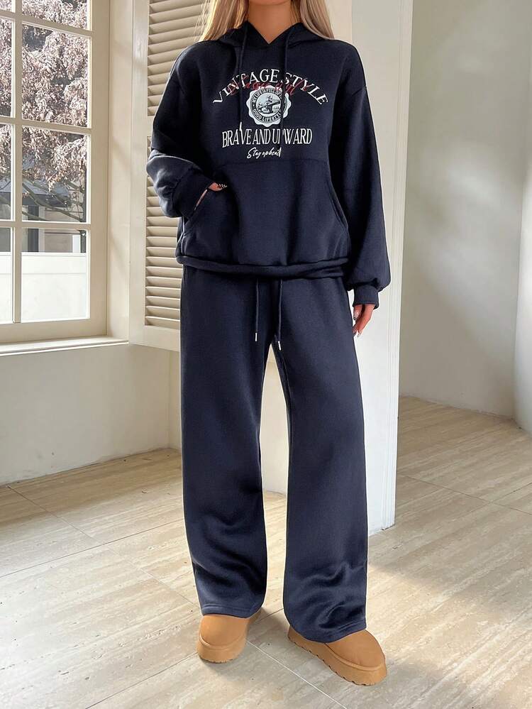 Women's Letter Print Drop Shoulder Long Sleeve Hoodie With Pocket & Drawstring, Casual 2 Pieces Set, Autumn/Winter Lounge Sets For Women