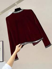 SHEIN LUNE 女式天鹅绒串珠装饰开衫 - 酒紅色 - 查看 2