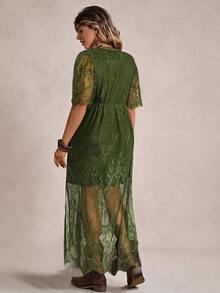 Freevana 夏季乡村音乐节服装纯色度假风格蕾丝连衣裙高开衩音乐节 - 軍綠色 - 查看 2