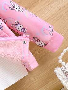 Elladie kids 年轻女孩卡通兔子印花连帽羊毛夹克，适合休闲外出和度假，适合秋冬季 - 粉色 - 查看 9