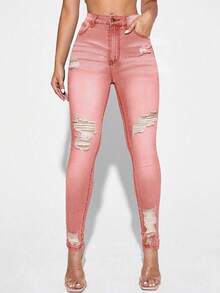 SHEIN PETITE Women's Casual Distressed Skinny Fit Denim Jeans - Pink - View 10
