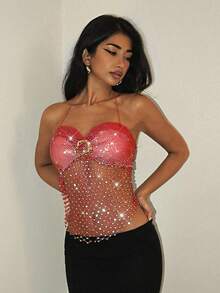 EgrlEra 女士水钻渔网性感上衣，适合节日派对和狂欢节 - 紅色 - 查看 3