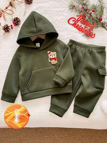 LMoss Kids LMoss 男婴纯色连帽卫衣和运动裤两件套，适合秋冬季节穿着，包括男婴冬季套装、休闲套装、连帽衫套装、圣诞节主题套头衫、冬季服装、连帽衫、套装、长袖上衣。 - 墨綠色 - 查看 3