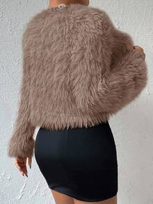 RosyDaze 女士纯色长袖蓬松短夹克，秋冬 - 咖啡棕 - 查看 2