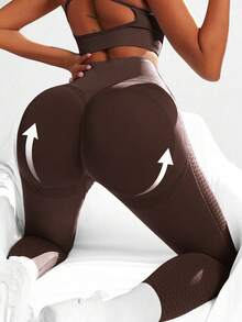 Easithlete Leggings de sport à taille haute de couleur unie pour le fitness quotidien et le yoga pour femmes - Tabac - Voir 3
