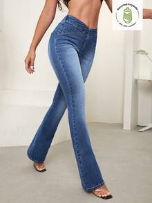 Selenza Women's Elegant Dark Wash Denim Flare Jeans With Crossover Waistband Detail