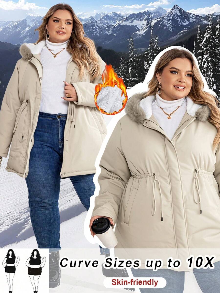 SHEIN CURVE+ Curve Plus Size Solid Colored Hooded Padded Coat With Waist Drawstring/Winter - Apricot - View 1