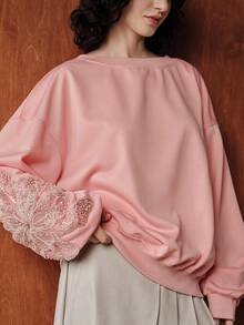 Uhlyne 女式花卉串珠亮片装饰宽松圆领长袖运动衫，秋冬 - 粉色 - 查看 3