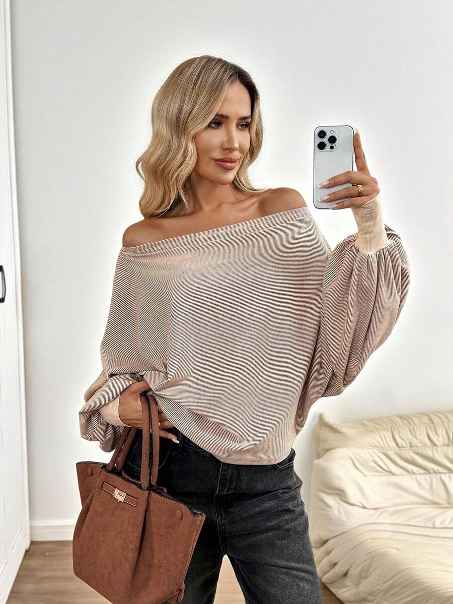 SHEIN LUNE Women's Light Beige Autumn Casual Everyday Loose Fit Brushed Oblique Shoulder Long Sleeve T-Shirt,Off The Shoulder Sweater Top Blouses - Khaki - View 1