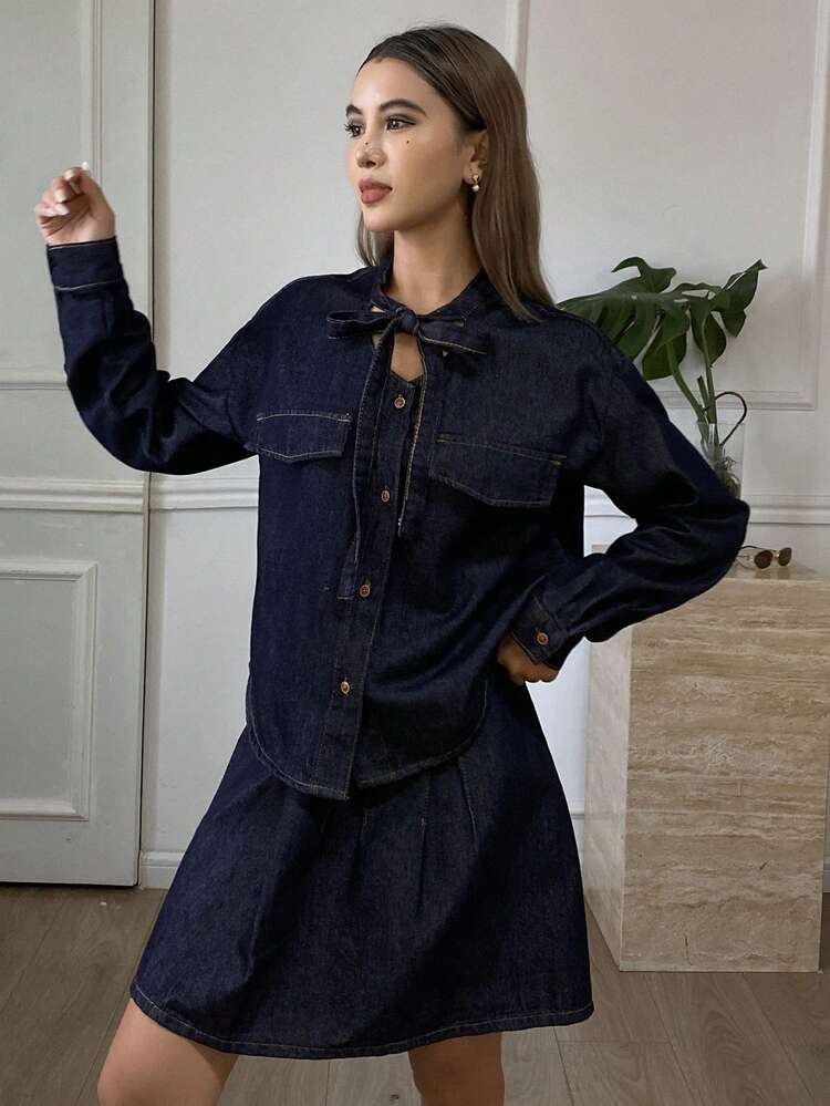 Western Cowgirl Vintage Casual Set, Long Sleeve Loose Tie Collar Shirt And Pleated Mini Skirt Women Denim Suit