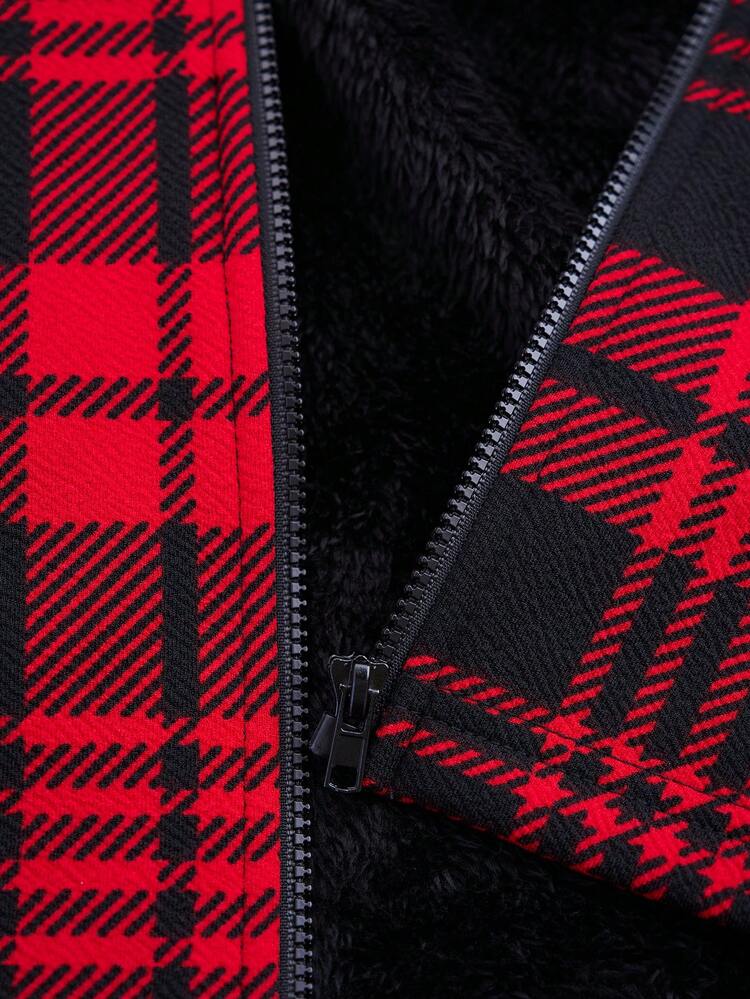 Plus Size Women's Winter Red & Black Plaid Hooded Fleece Long Sleeve Coat With Pockets, Autumn Winter, Christmas For Women , New Year, Going Out, 2025 New , Simple And Fashionable For Everyday Wear, Christmas For Women , New Year , Christmas Party, Winter For Women, Thanksgiving For Women
