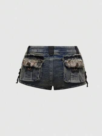 Grunge Punk Shorts vaqueros de tiro súper bajo con parches, estilo Harajuku Gyaru Gal Y2K, de cintura súper baja y peludo