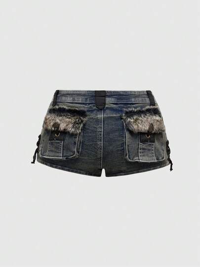 Grunge Punk Short en jean mini taille très basse style patchwork doux et moelleux, style Gyaru Harajuku Y2K