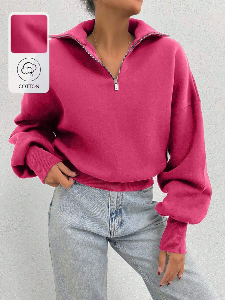 EURMUSE 100% Cotton Collar With Zipper Pattern Oversize Sweatshirt - Pink - View 1