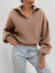 EURMUSE 100% Cotton Collar With Zipper Pattern Oversize Sweatshirt - Beige - View 6