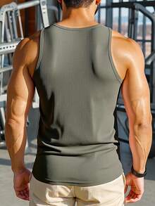 Manfinity Dauomo 男士休闲百搭纯色修身背心，夏季 - 墨綠色 - 查看 2