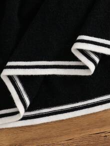 SHEIN 少女休闲时尚百搭针织蕾丝花边腰部拼布长袖连衣裙 - 黑色 - 查看 7