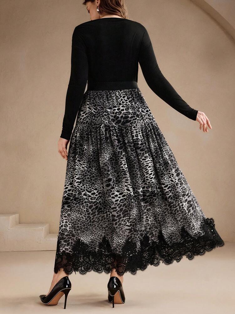Jupe élégante à taille haute en mousseline de soie à imprimé léopard et patchwork en dentelle, convient pour les enseignantes pour la rentrée scolaire, grande taille