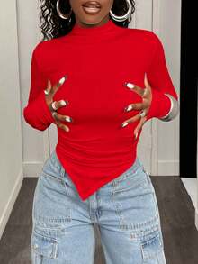 BamGleam 女士春夏季纯色立领长袖不对称下摆休闲T恤新年衣服秋季女装 - 紅色 - 查看 4