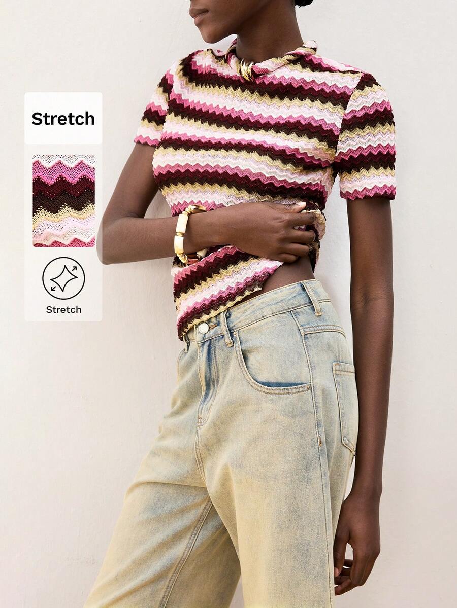 Maija 女士多色波浪条纹休闲度假浪漫时尚修身圆领短袖几何波浪提花针织沙滩波西米亚风度假T恤，夏季海滩，波西米亚风度假装，四季皆宜的ins明星同款度假风，异域风情，乡村音乐会，西部风情，高档面料，舒适透气 - 彩色 - 查看 1
