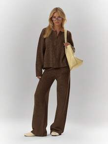 MUSERA Oversized Rib Knit Embroidered Zip Through Long Sleeve Cardigan Only Cosy Cute Casual Coffee Club Evening Party Elegant - Chocolate Brown - View 3