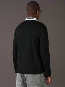 STYNVO Men's Casual Letter Print Long Sleeve Polo Shirt, Autumn - Black - View 2