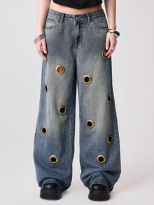 ROMWE EDITION Punk Metal Grommet Hollow Design Loose Super Low Waist Wide Leg Jeans - Blue - View 1