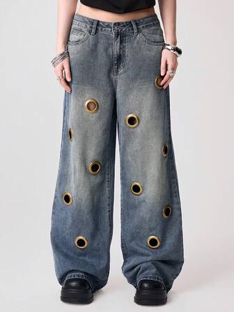 Grunge Punk Jeans de pierna ancha, cintura súper baja, diseño hueco con remaches metálicos de estilo punk