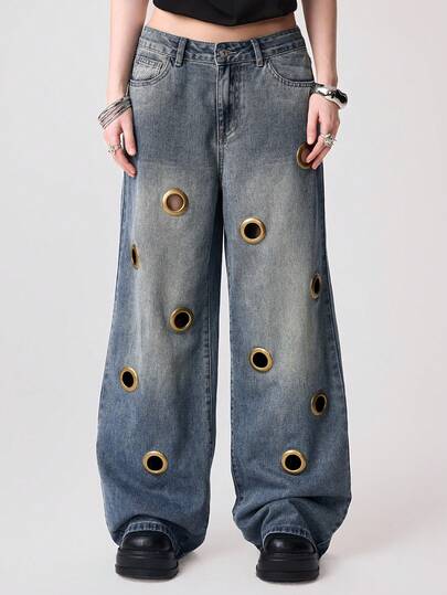 Grunge Punk Jeans à taille basse large et ample avec design ajouré et œillets métalliques punk