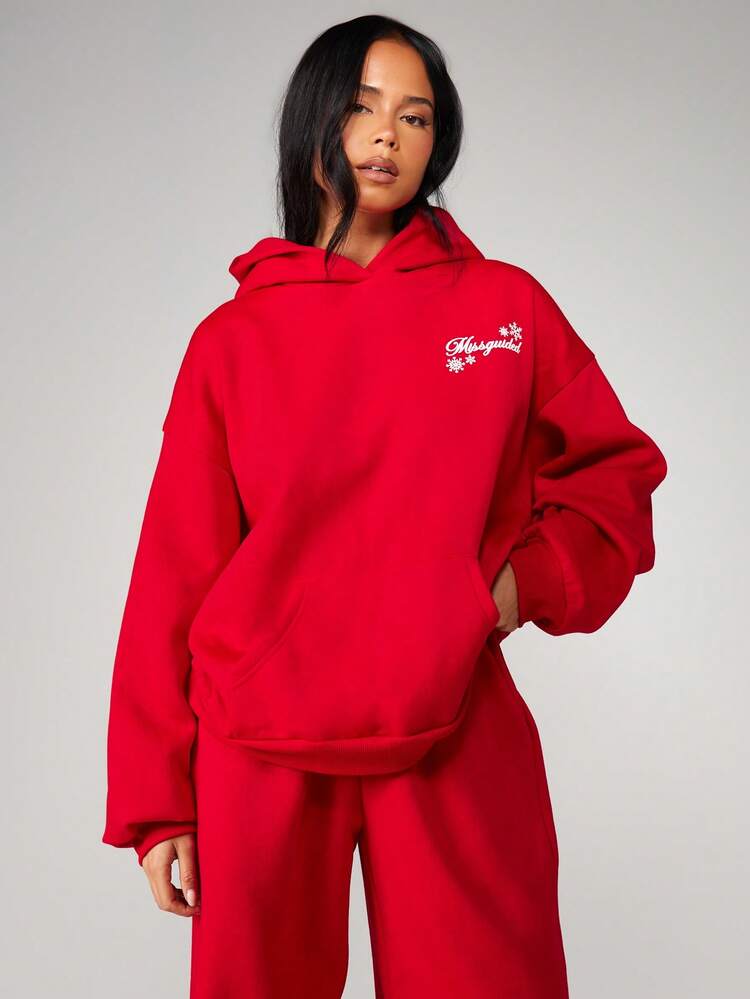 MISSGUIDED Sudadera con capucha con cordón de Navidad con estampado de copos de nieve y motivos navideños