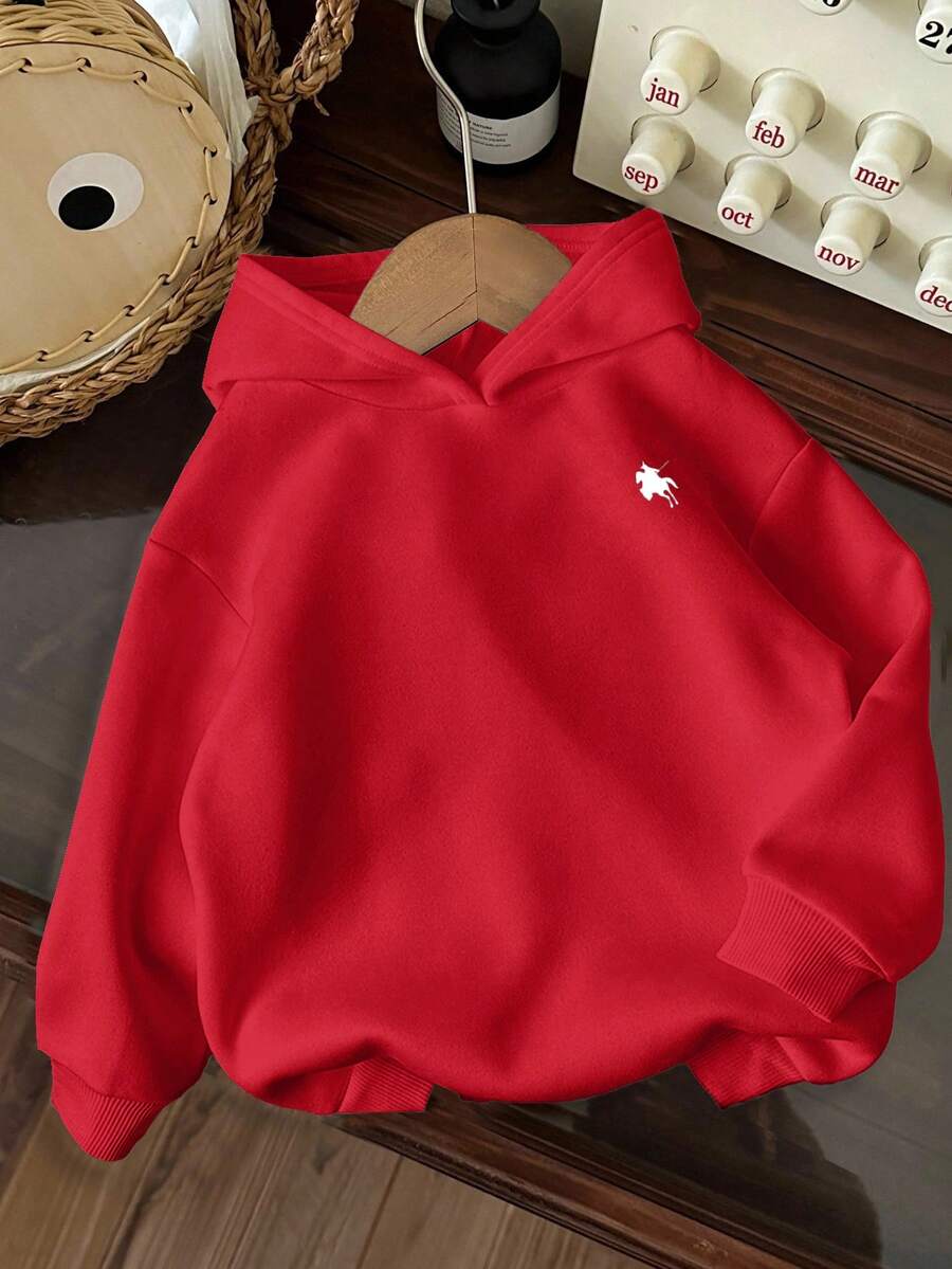 SHEIN Leap Crew Tween Girl Horse Embroidery Hooded Sweatshirt In Fall/Winter - Red - View 1